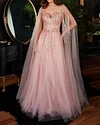 Elegant Tulle Beaded Cape Sleeve Gown