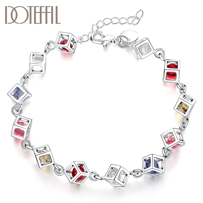 DOTEFFIL 925 Sterling Silver Multicolor Square AAA Zircon Bracelet For Women Jewelry
