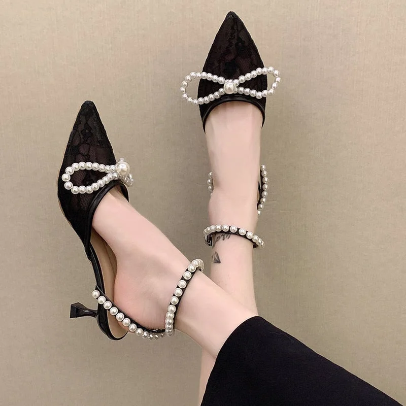 Elegant Ladies Pearl Strap Pumps 2022 Summer Sexy Black Mesh High Heels Sandals Women Pointed Toe Thin Heeled Dress Shoes