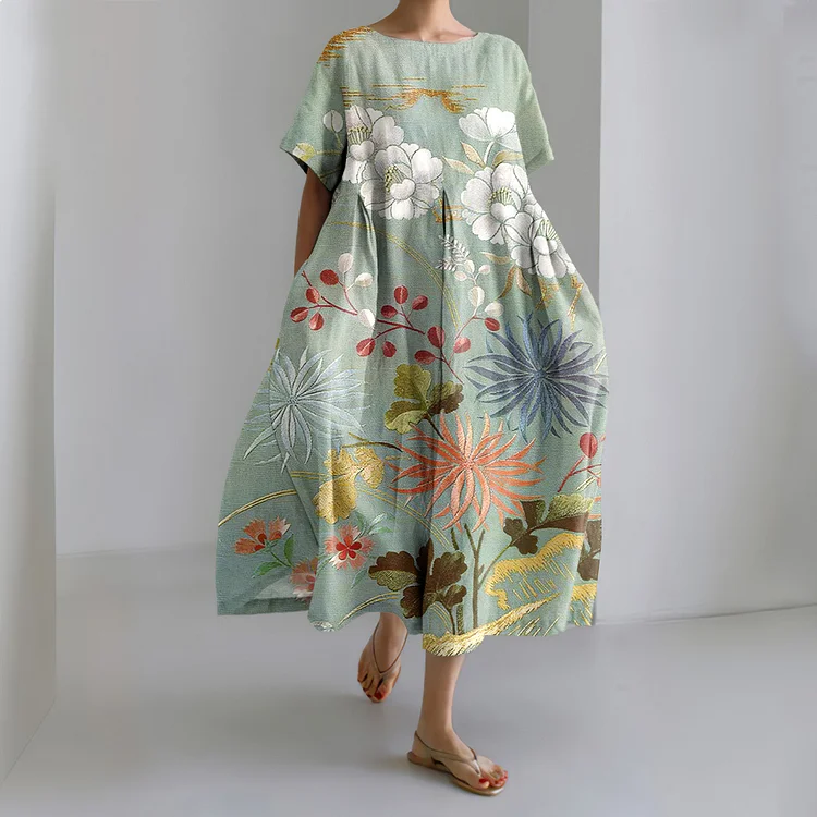 Japanese Art Flower Print Short Sleeve Loose Casual Midi Dress