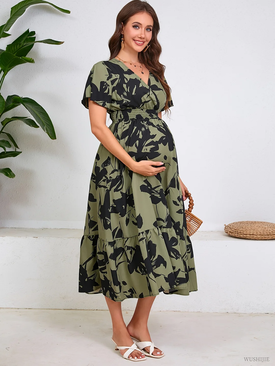 Lightweight Polyester Women's Elegant Floral Print Maxi Dress | V-Neck, Ruffle Sleeves, Perfect For Summer, Casual Style, Casual Summer Wear | IFYHOME