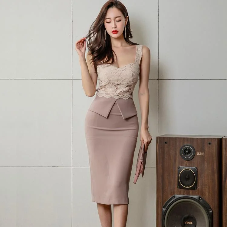 Elegant lace sling slim fit bag hip split pencil dress