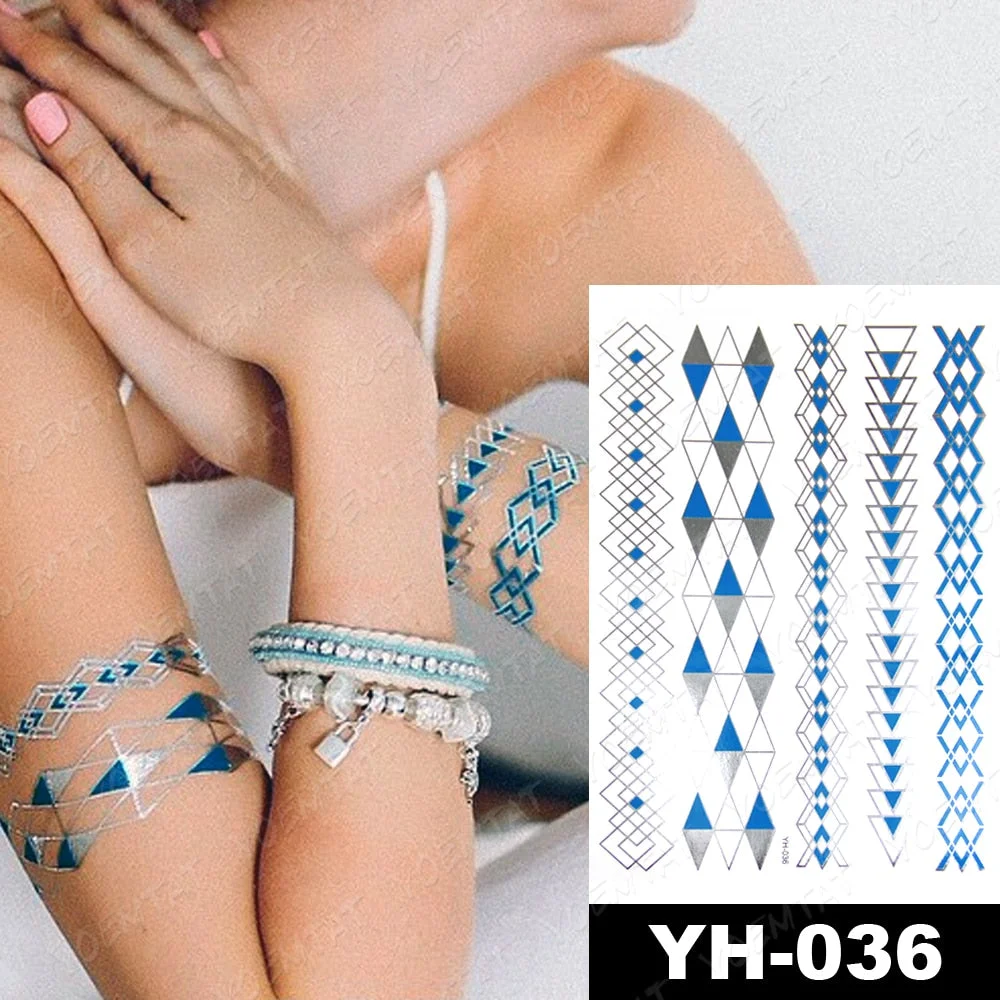 Waterproof Temporary Tattoo Sticker Gold Silver Henna Indian Hand Painted Glitter Tattoos Women Mandala Flower Feather Body Art