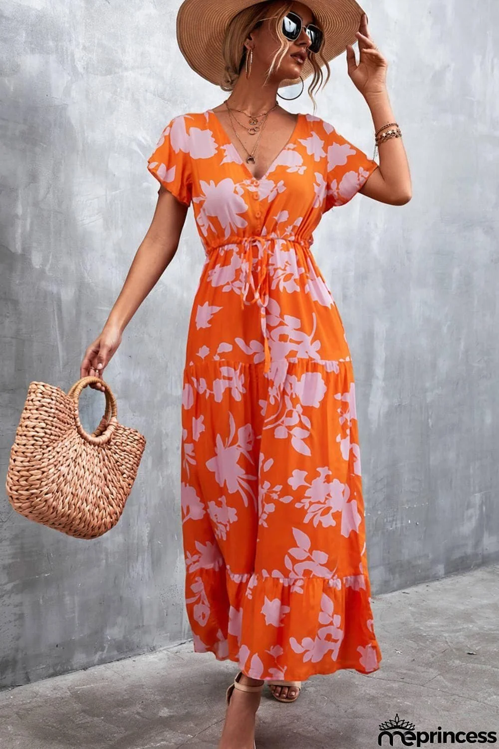 Floral Buttoned Drawstring Waist Tiered Dress