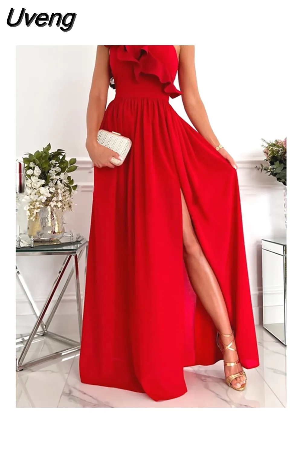 Uveng Sexy Fashion Sleeveless Off Shoulder Slash Neck Ruffles Slit Maxi Dresses Grace Waist Evening Dresse Vestidos De Fiesta 420-0