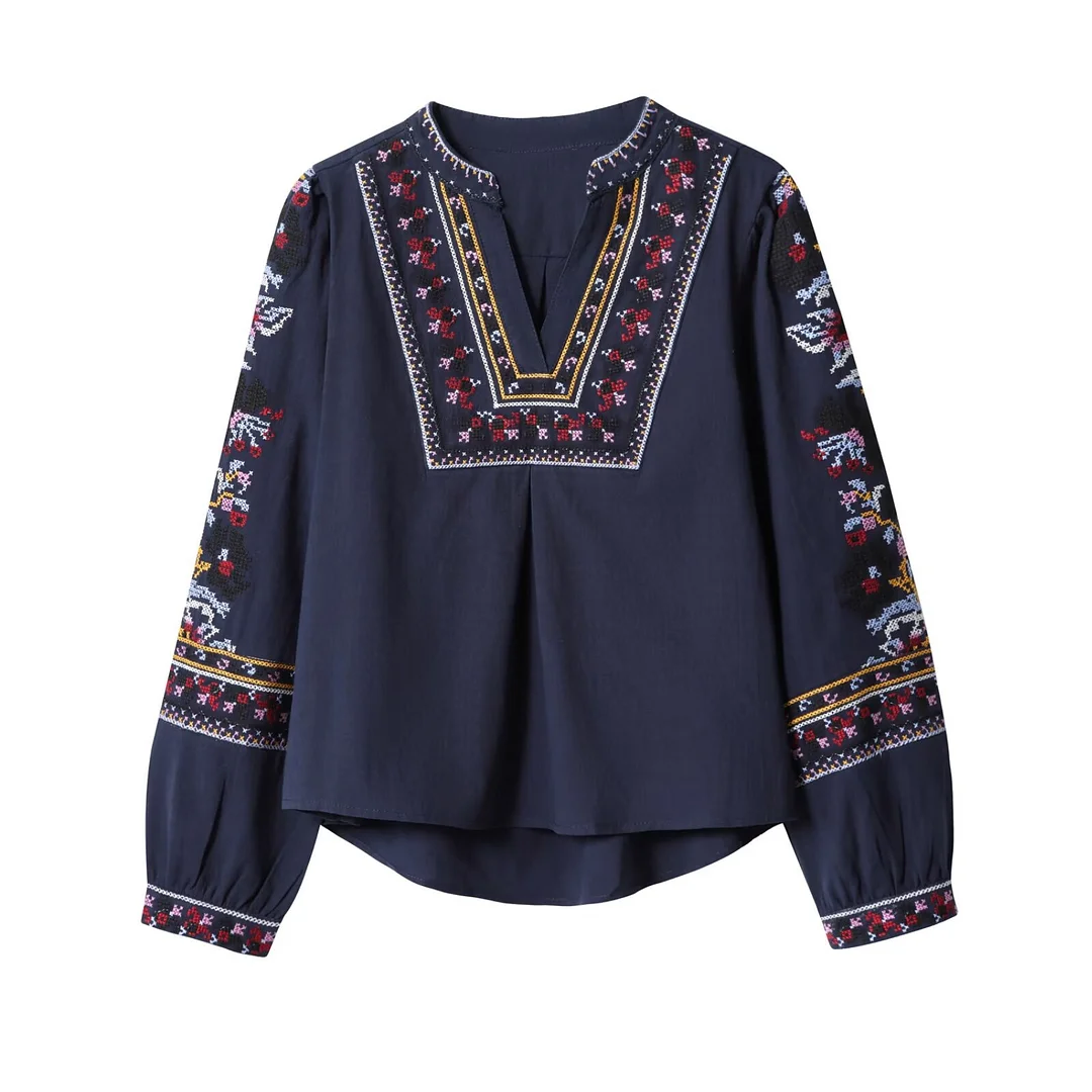 Nigikala Nigikala Spring And Summer New French V-Neck Heavy Industry Embroidery Shirt Embroidered Long Sleeves