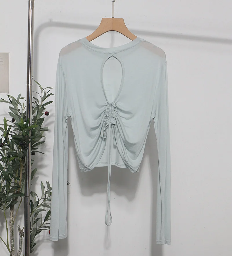 Uveng Han Shied Bare Back Drawstring Blouse Woman Summer Small Casual Wear Thin Hoodie Short-Sleeved T-Shirt 85827