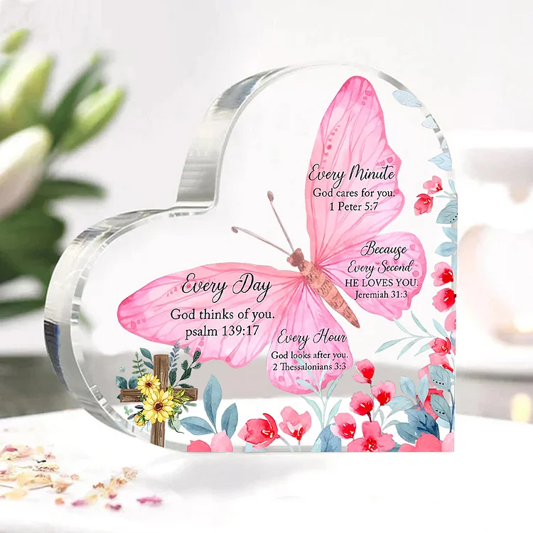 Every Minute God Cares For You-Acrylic Christian Gifts Bible Verse Prayers Religious Gifts-Acrylic Butterfly Heart Keepsake Desktop Ornament