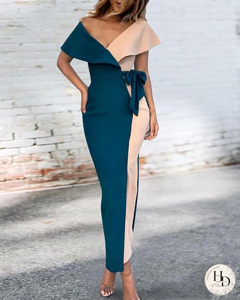Sexy Short Sleeve Deep V Stitching Lace Maxi Dress