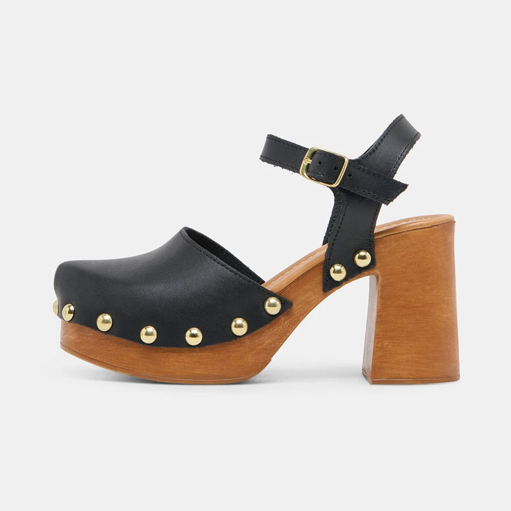 Black Closed Round Toe Buckle Ankle Strap Heeled Sandals with Studded