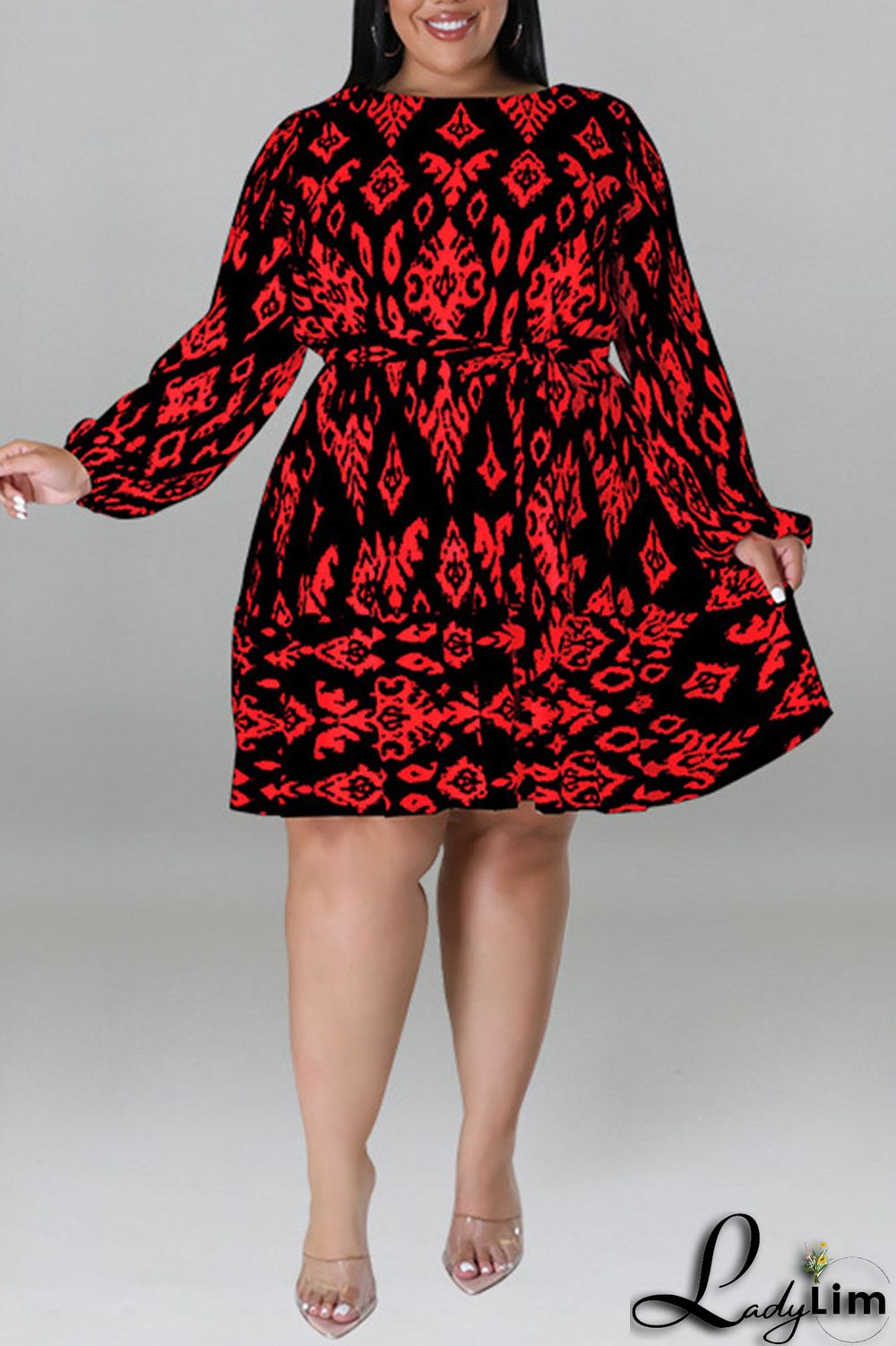 Light Apricot Casual Print Bandage Patchwork O Neck Straight Plus Size Dresses
