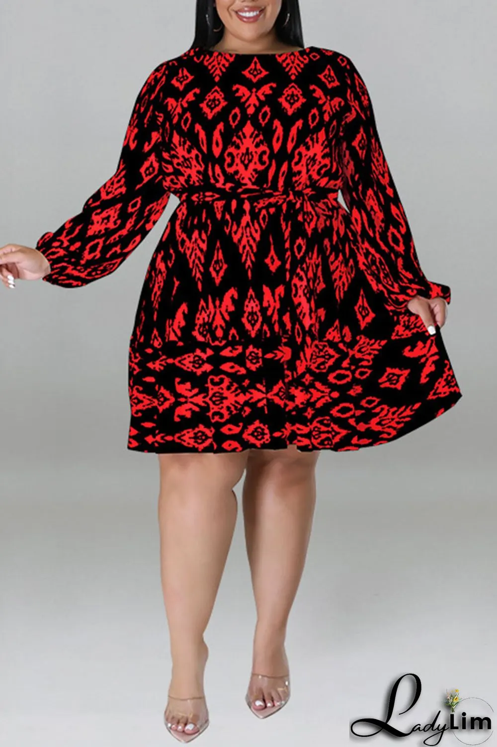Light Apricot Casual Print Bandage Patchwork O Neck Straight Plus Size Dresses