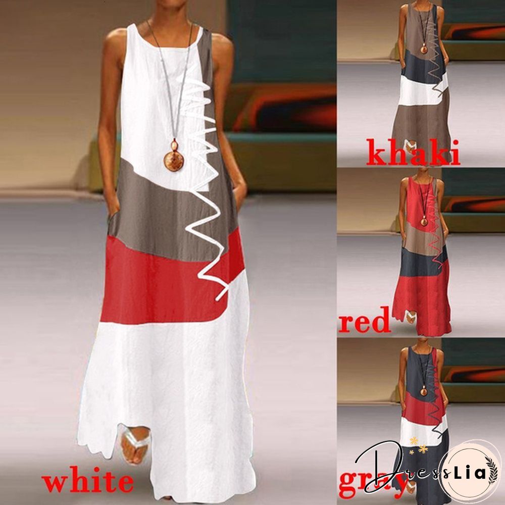 Vintage Color Stitching Maxi Dress Women's Summer Sundress Casual Sleeveless Tank Female O Neck RobeCIU8
