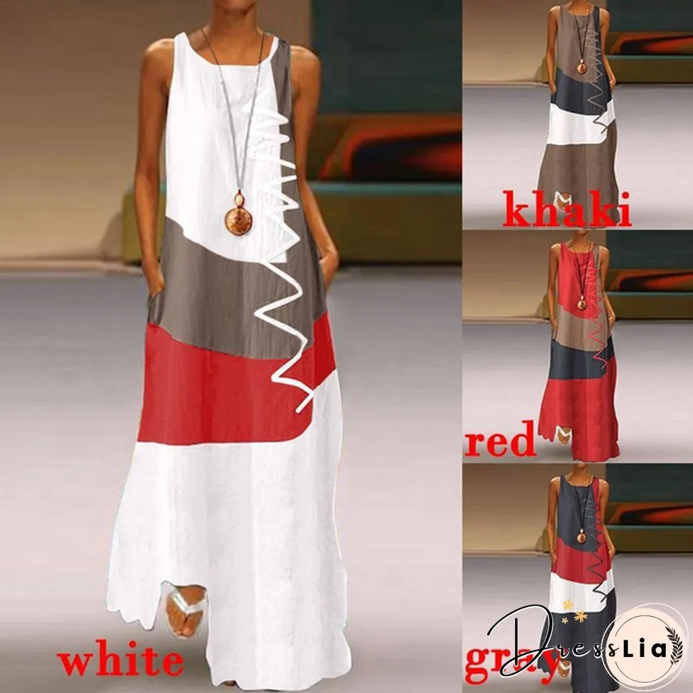 Vintage Color Stitching Maxi Dress Women's Summer Sundress Casual Sleeveless Tank Female O Neck RobeCIU8