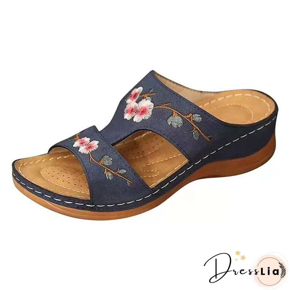 Woman Slippers Vintage Ethnic Flower Platform Flat Shoes Women Comfortable Casual Sandals