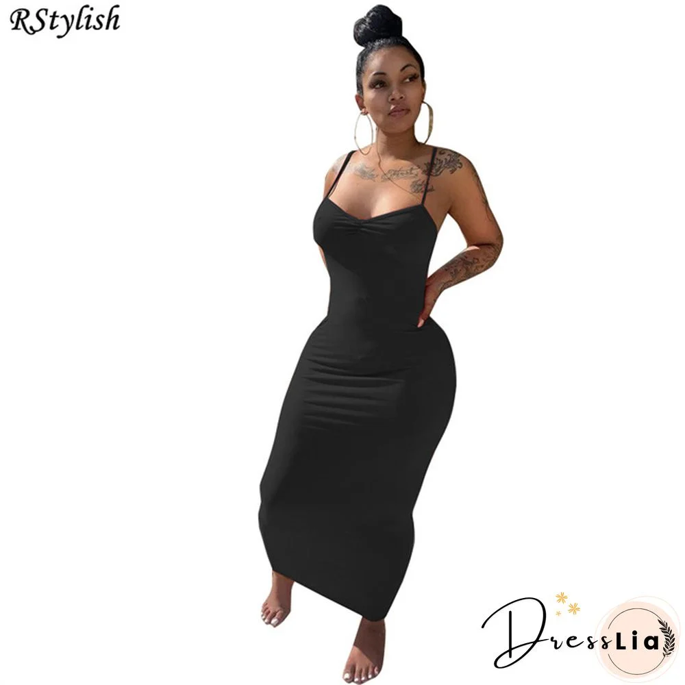 Elegant Women Solid Color Spaghetti Strap Sheath Long Dress