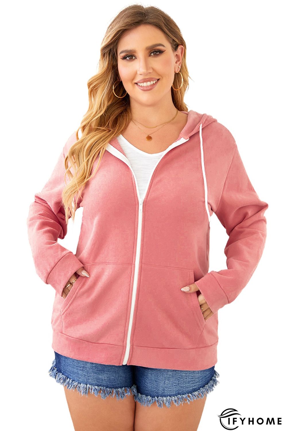 Pink Blue Blue Plus Size Zipper Down Hooded Coat with Pocket | IFYHOME