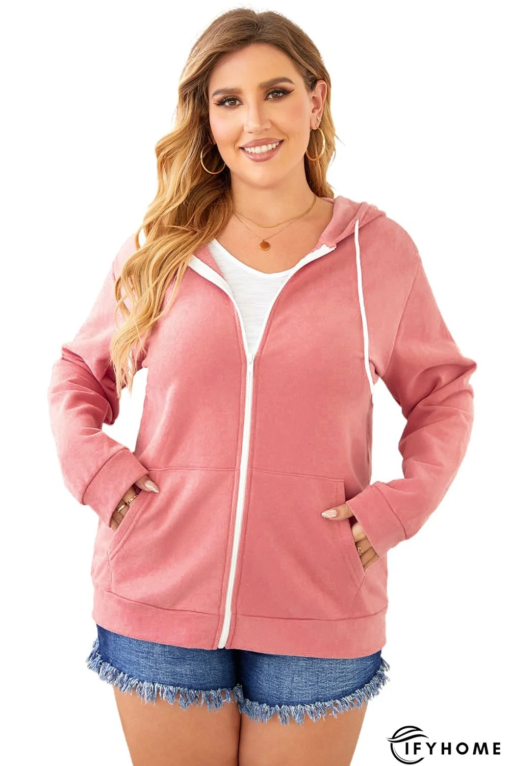 Pink Blue Blue Plus Size Zipper Down Hooded Coat with Pocket | IFYHOME