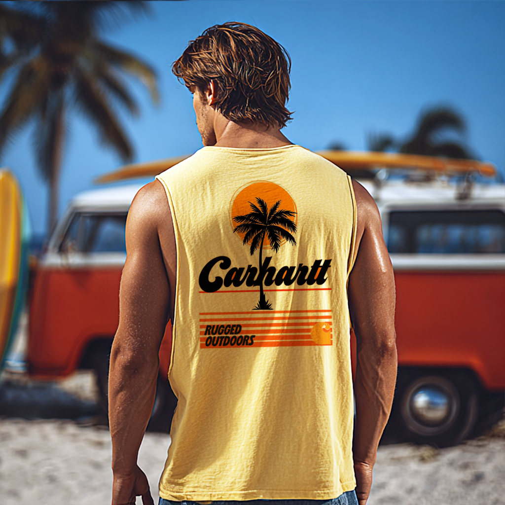 Men's Casual Beach Comfortable Breathable Yellow Printed Sleeveless Vest Top / TECHWEAR CLUB / Techwear