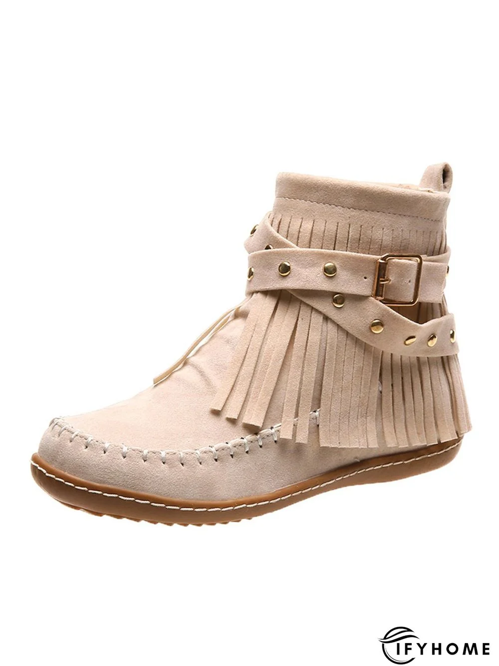 Vintage Fringe Studded Flat Round Toe Buckle Booties | IFYHOME