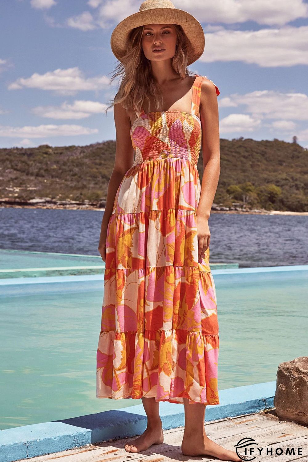 Orange Boho Print Tie Straps Smocked Maxi Dress | IFYHOME