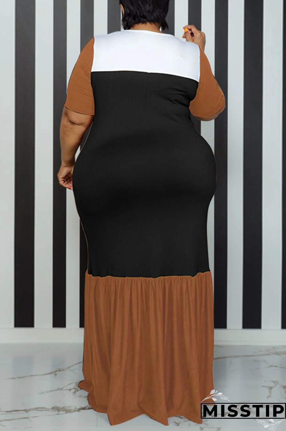 Black Casual Solid Patchwork O Neck Straight Plus Size Dresses