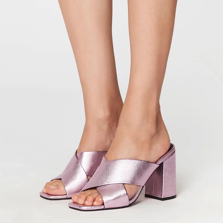 Pink Litchi Grain Open Toe Mule Block Heels Sandals |FSJ Shoes