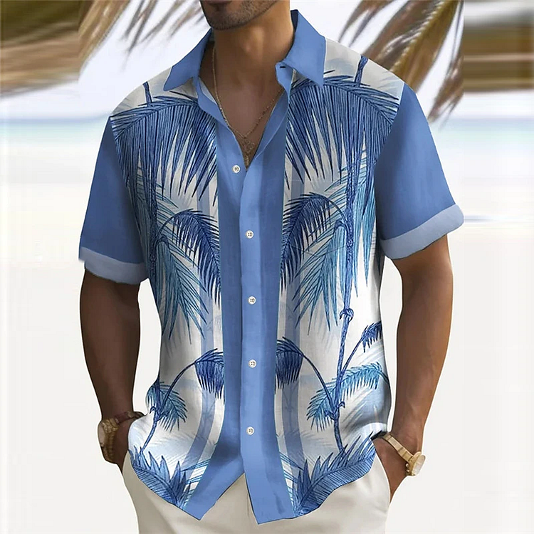 BrosWear Men'S Banana Leaf Stripes Short Sleeve Shirt