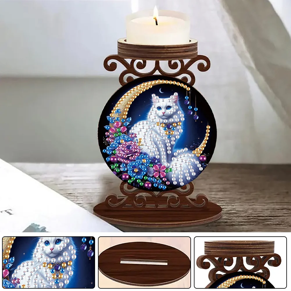 Wooden Diamond Painting Candle Holder Rhinestone Candlestick Decor (Cat)