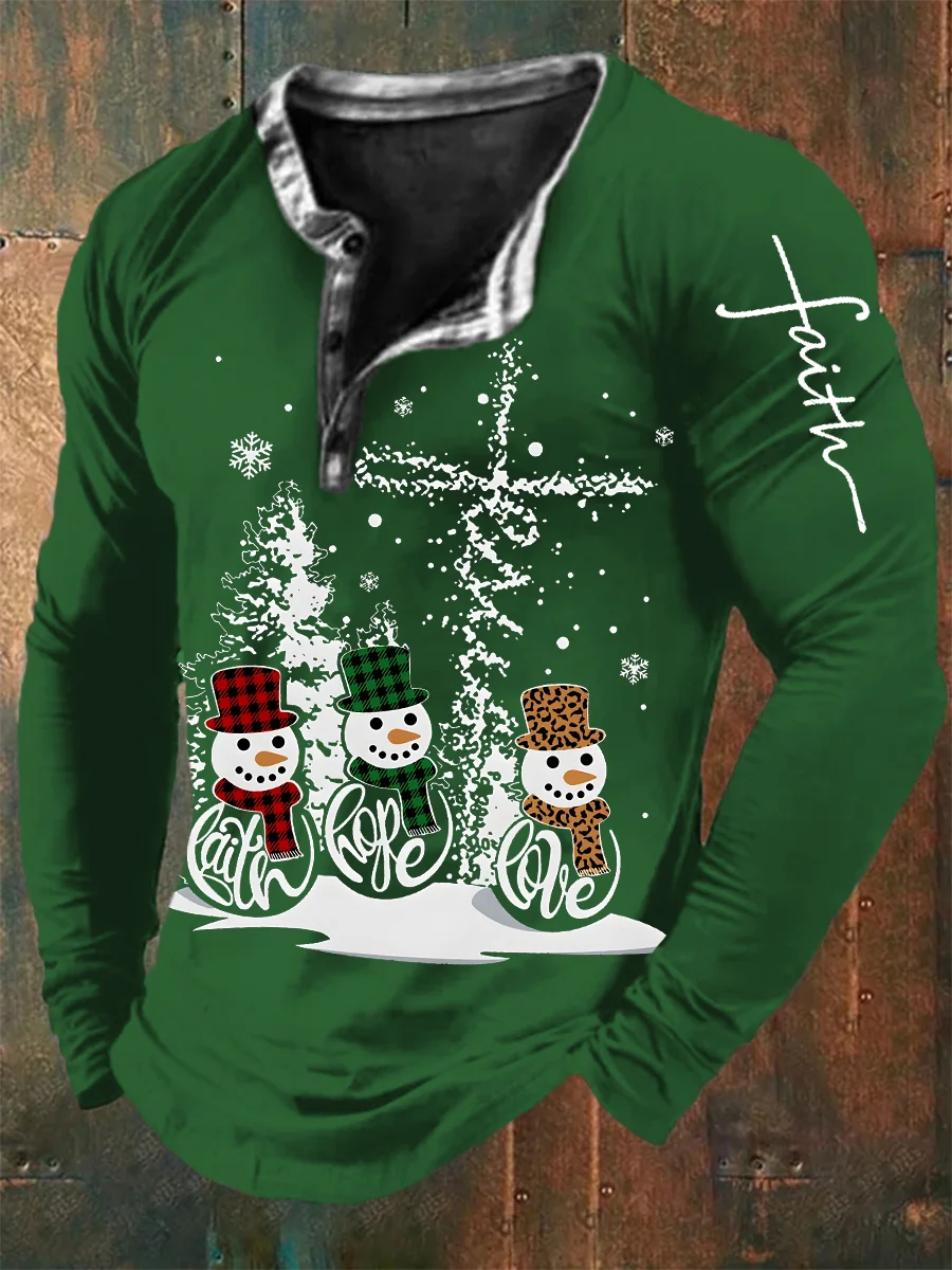 Men's Christmas Snowman Cross Faith Print Long Sleeve Henley Shirt
