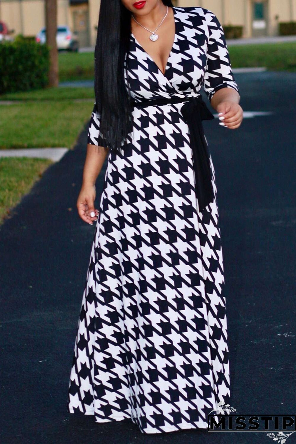 Blue Fashion Casual Print Bandage V Neck Long Sleeve Dresses