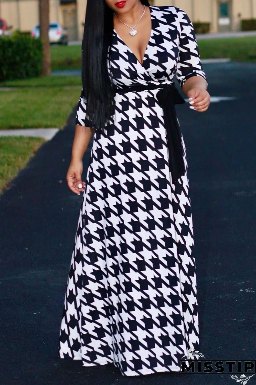 Blue Fashion Casual Print Bandage V Neck Long Sleeve Dresses