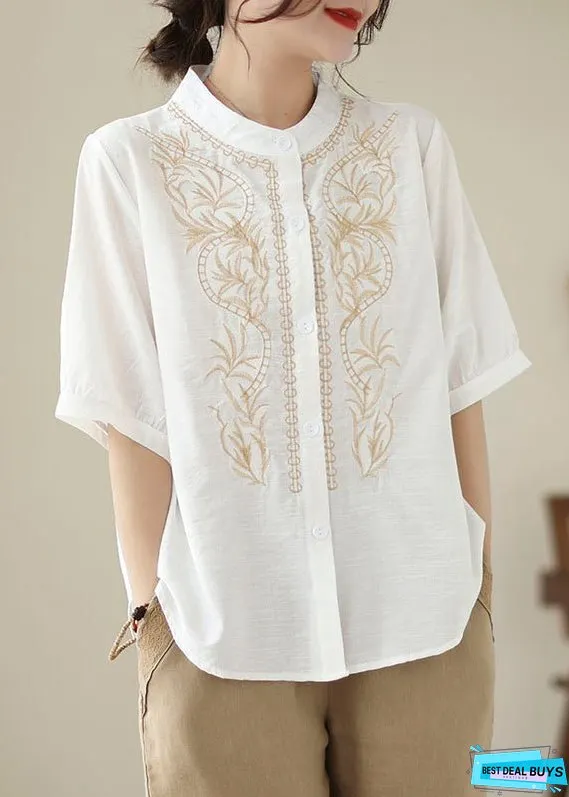 White Solid Patchwork Cotton Blouses Stand Collar Summer