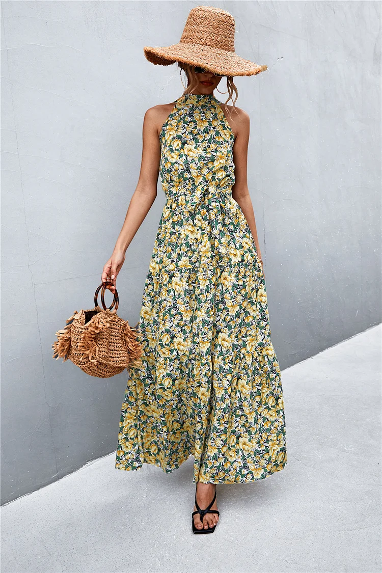 Bohemia Floral Print Sleeveless Maxi Dress Halter Ruffles Party Holiday Dress