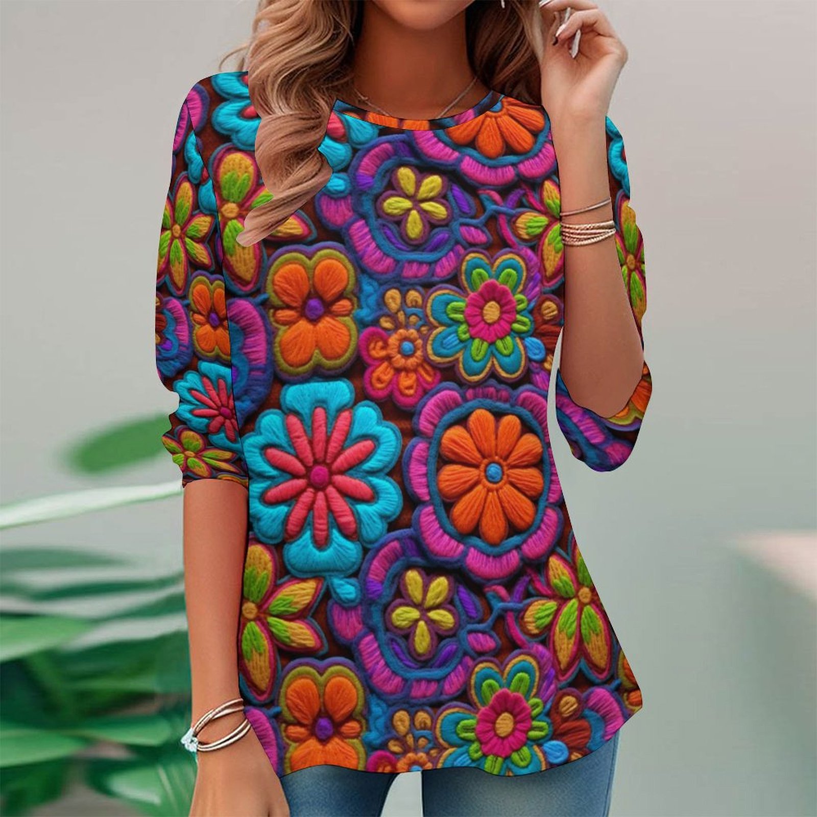 Women Long Sleeve V-neck Graphic Floral Printed Top