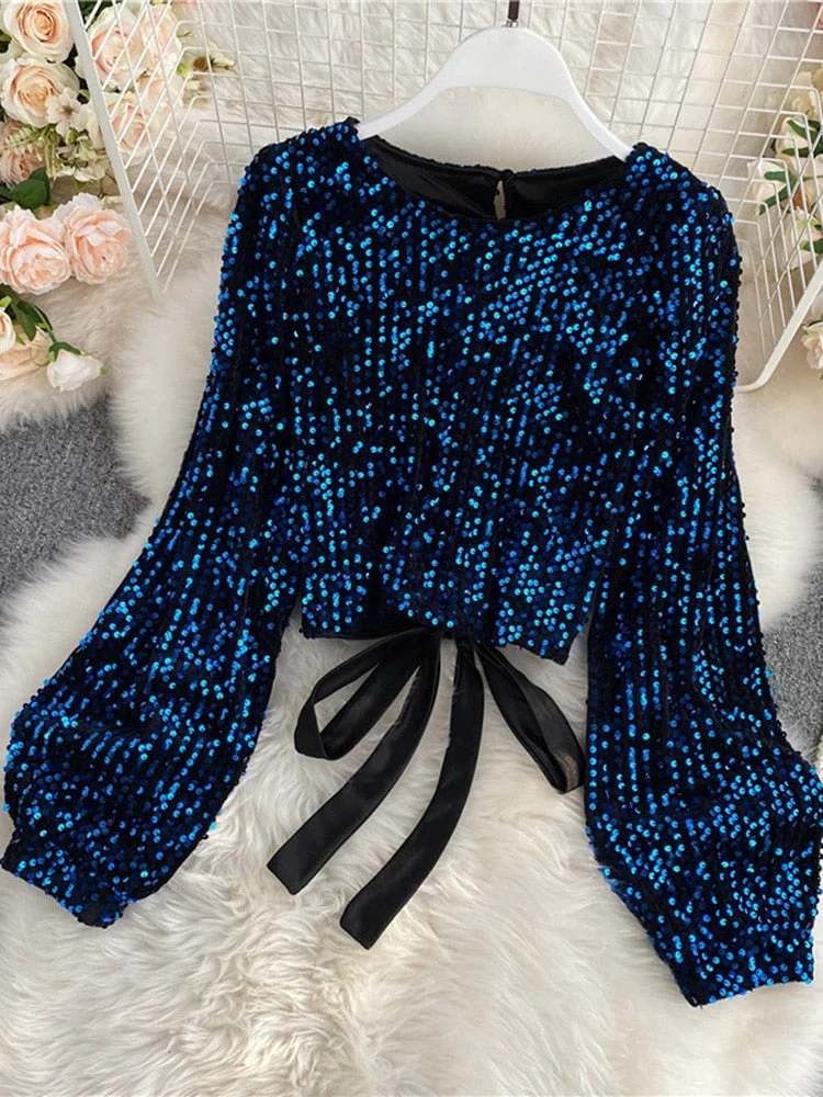 O-Neck Shirts Long-sleeved Open Back Lace-up Bow Short Tops Female