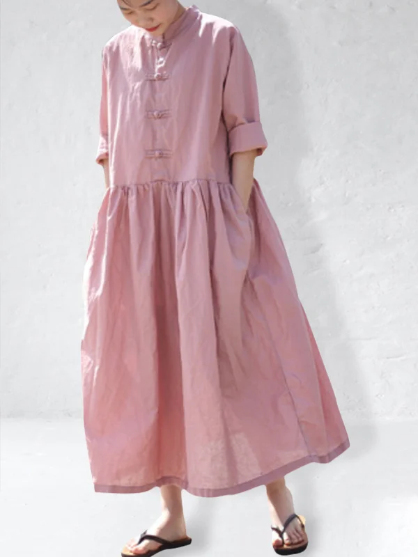 Vintage Pleated Knot Button Maxi Dress