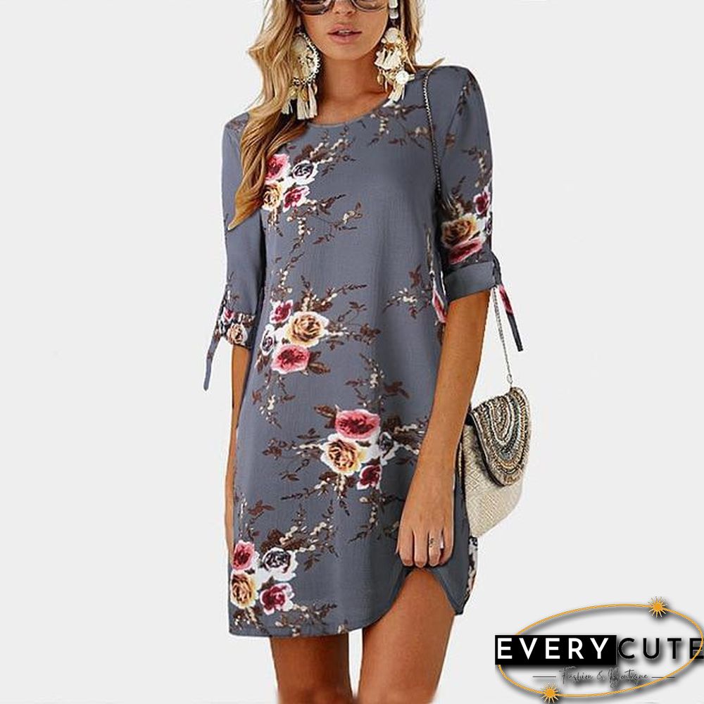 Women Chiffon Floral Print Mini Dress Boho Beach Half Sleeve Elegant Dress Black Dresses