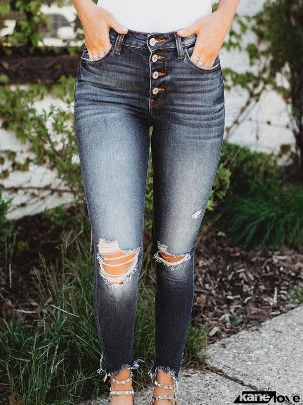 Women's Jeans Ripped Buttons Slim Mid-Rise Jeans