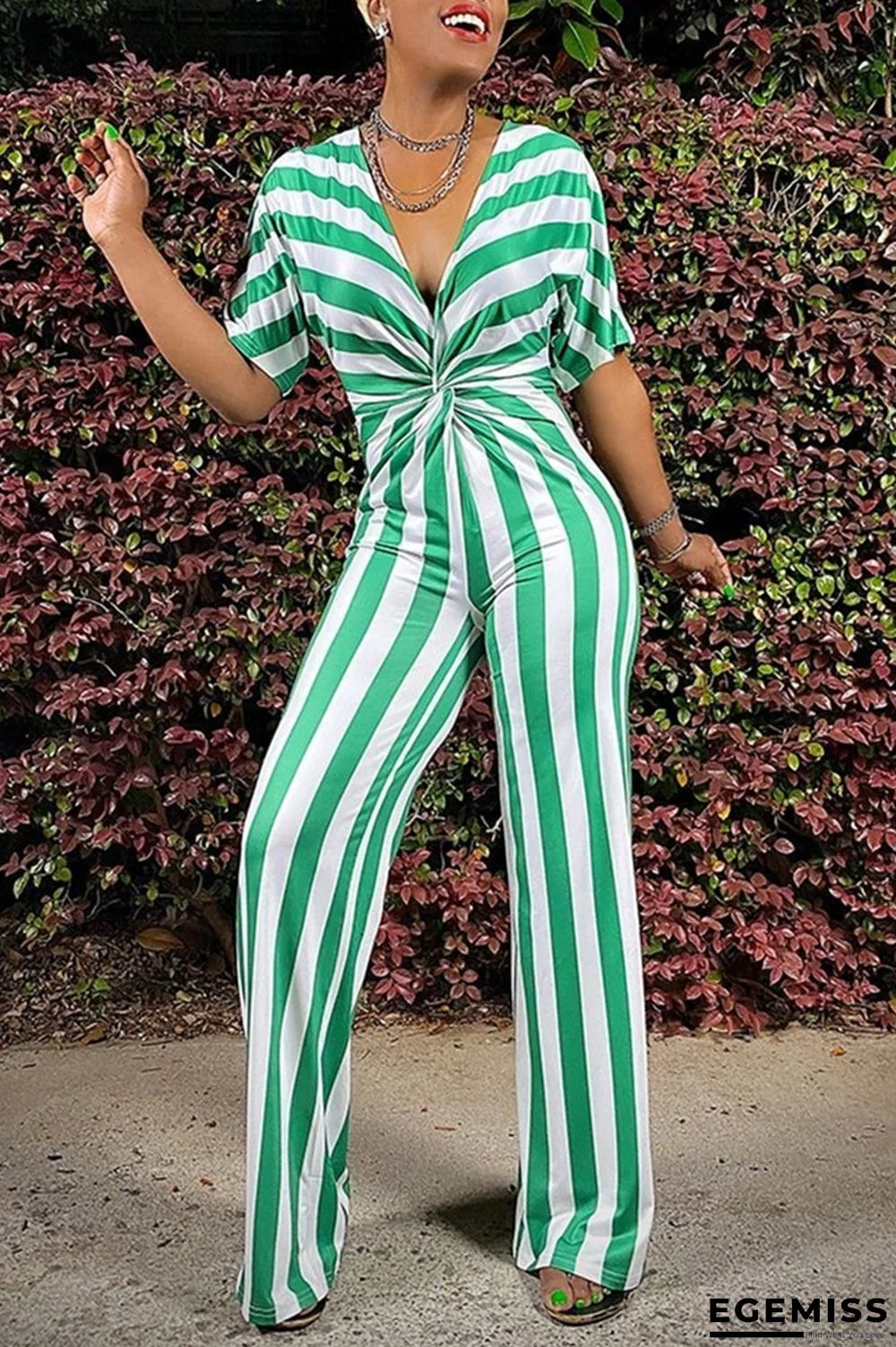 Green Fashion Casual Striped Print Basic V Neck Regular Jumpsuits | EGEMISS