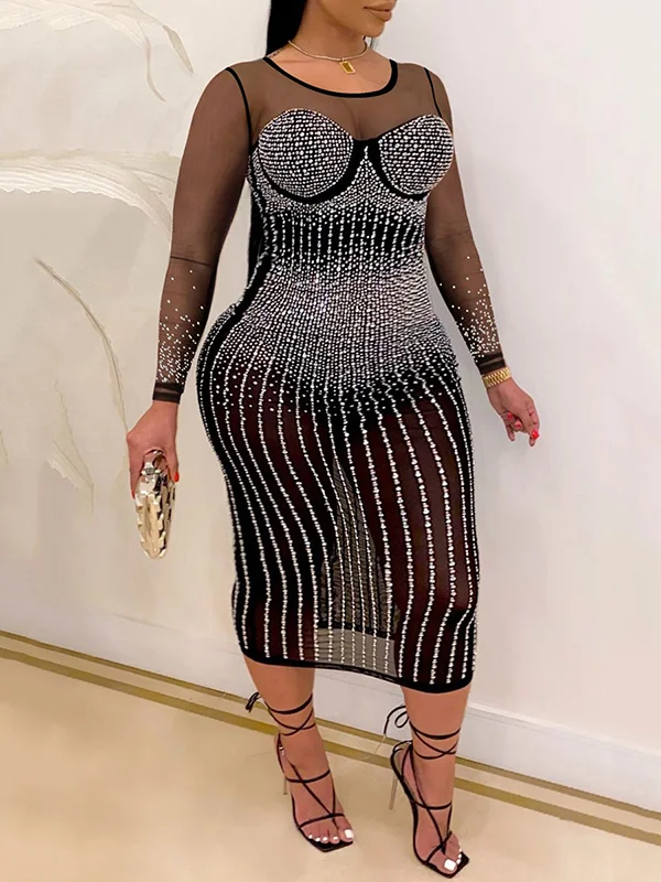 Beaded Sequined Long Sleeve Wrap See-Through Sexy Midi Dress