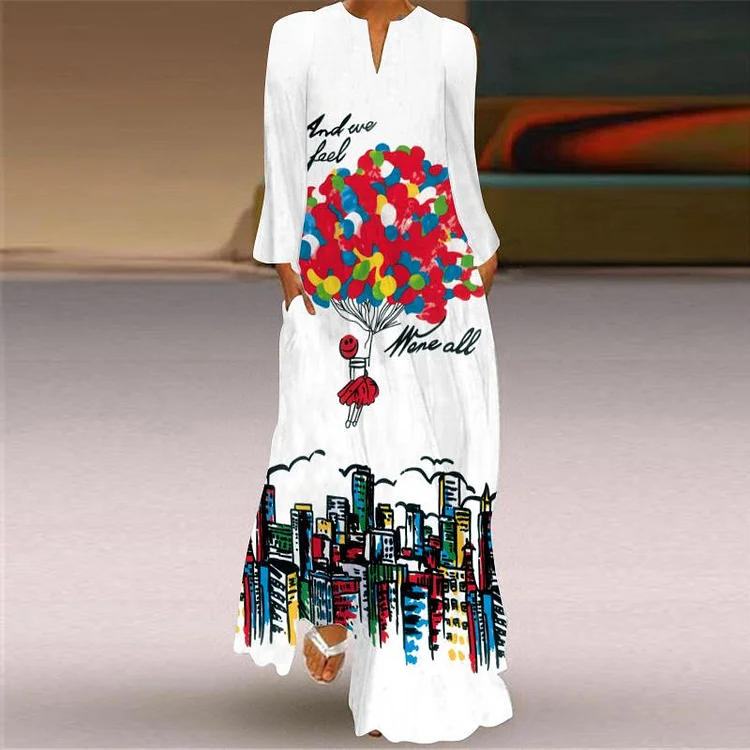 Pocket Printed Dress Sexy V-neck Long Sleeve Printed Long Dress-Mayoulove