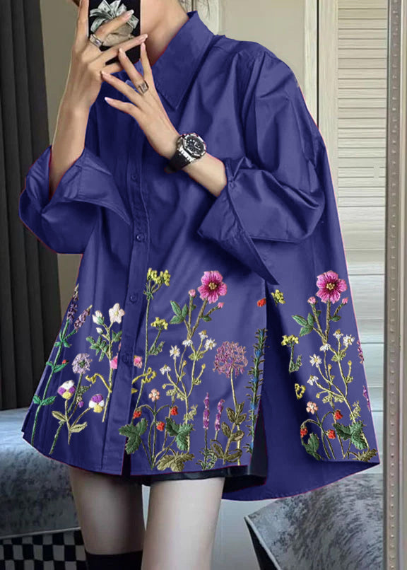VCSHOES Loose Blue Flower Peter Pan Collar Side Open Low High Design Shirts Long Sleeve