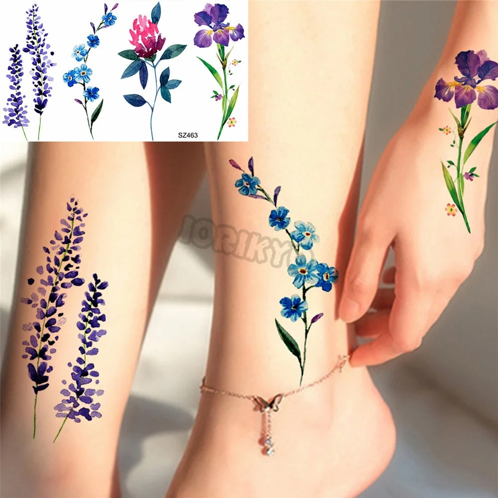 Black Poppy Flower Temporary Tattoos For Women Kids Realistic Lavender Plum Waterproof Fake Tattoo Sticker Tattoo Arm Body