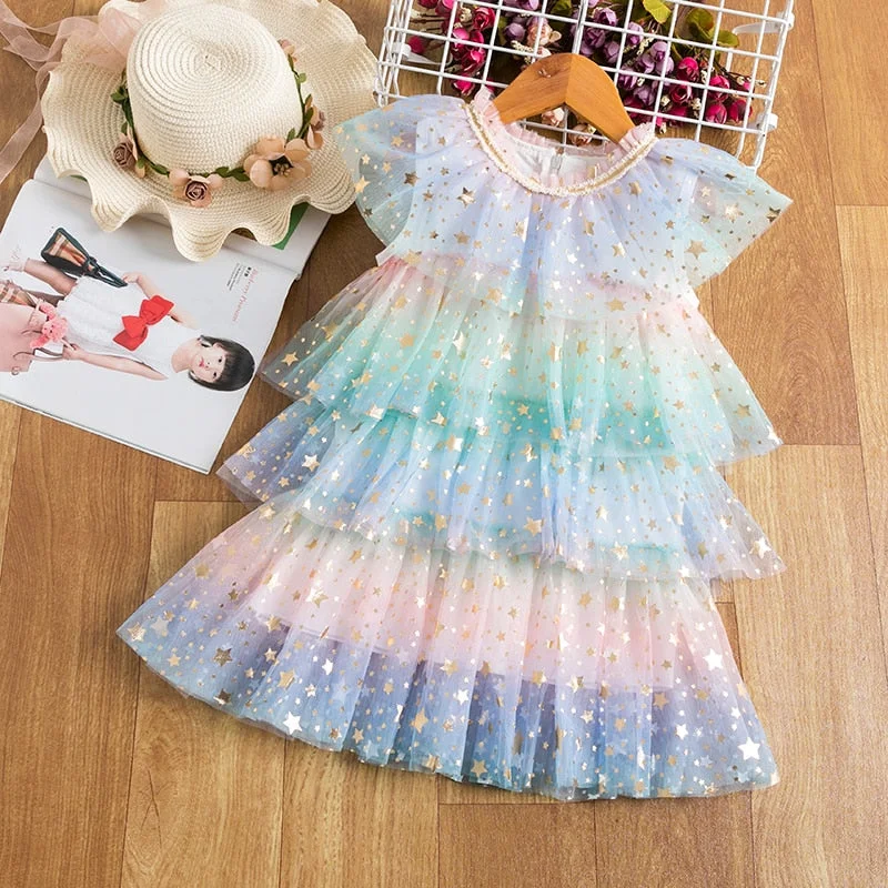 Baby Girl Summer Princess Dress Mesh Chiffon Cake Layers Tutu Outfit  Birthday Party  Dresses Children Clothing Casual Wear