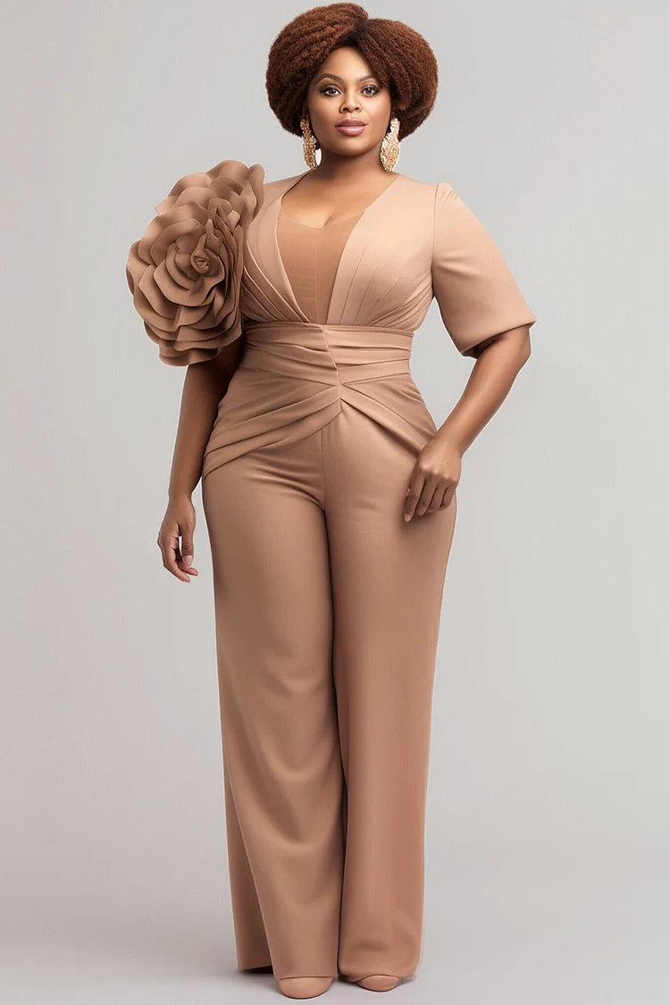 Xpluswear Design Plus Size Formal Khaki Round Neck Half Sleeve 3D Elegant Jumpsuits [Pre-Order]