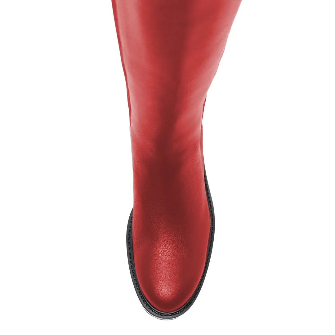 Red Faux Leather Closed Round Toe Elastic Knee High Heeled Boots