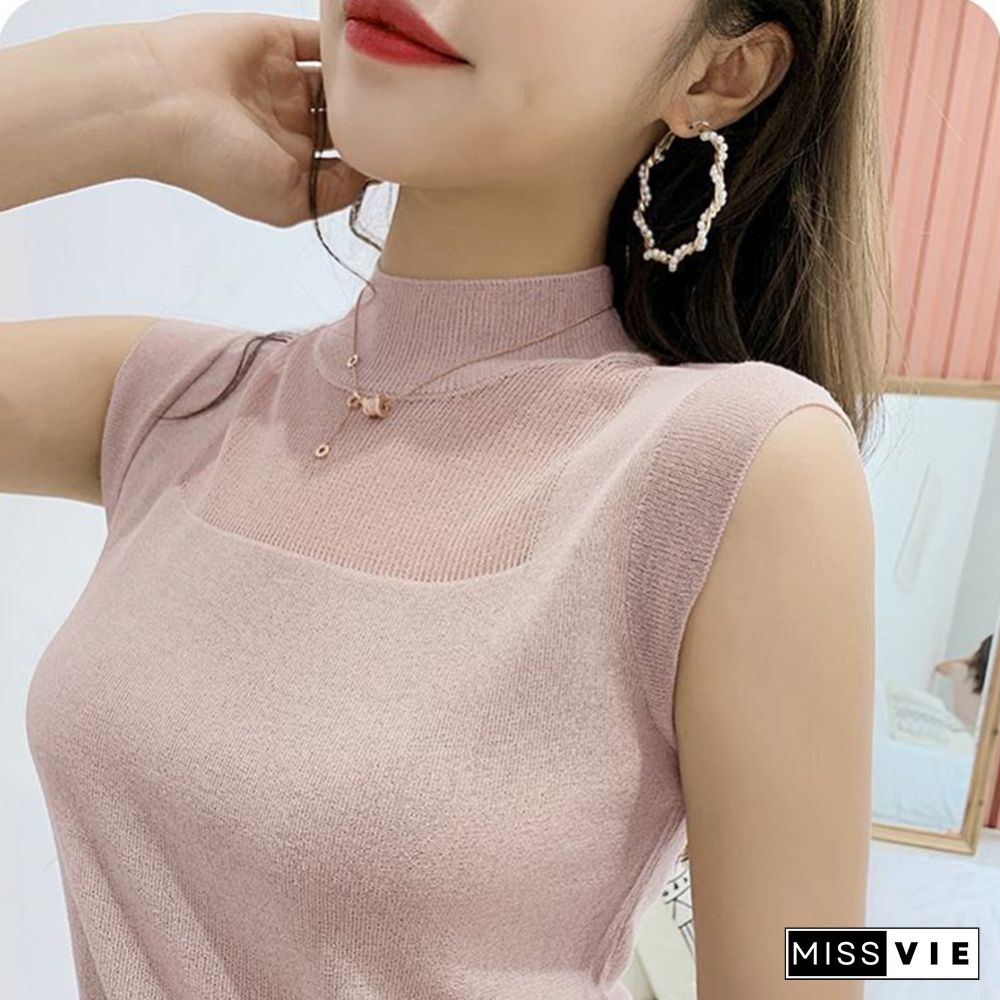 Hollow Out Sleeveless Women Knitted T Shirts Turtleneck Black Lace Sexy Lady Vest T Shirts Pink Loose Summer Thin Knit Tops