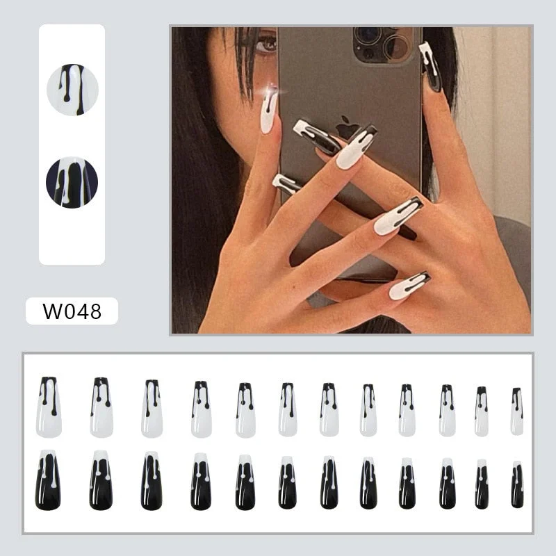 Black and White Liquid Design Long Ballerina Press on Fake Nails W048