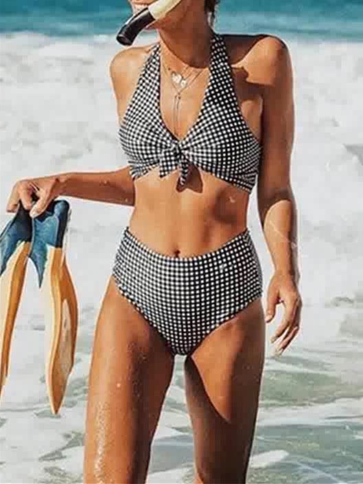 Women Sleeveless V-neck Polka Dot Bikini Swimwear